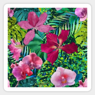 Dark tropical flowers and palm leaves Orchids, Bauhinia flowers watercolor exotic printloral seamless pattern Sticker